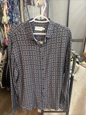 Topman Dark Geometric Print Button-Down Shirt - Black & Gray